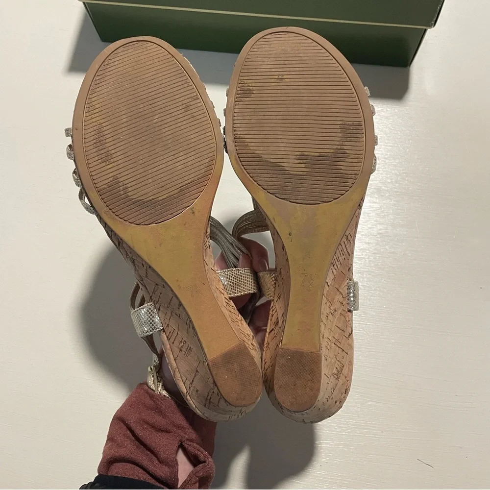 Coach and Four Gold Strappy Metallic Wedge Sandals Size 7.5 Cork Heel